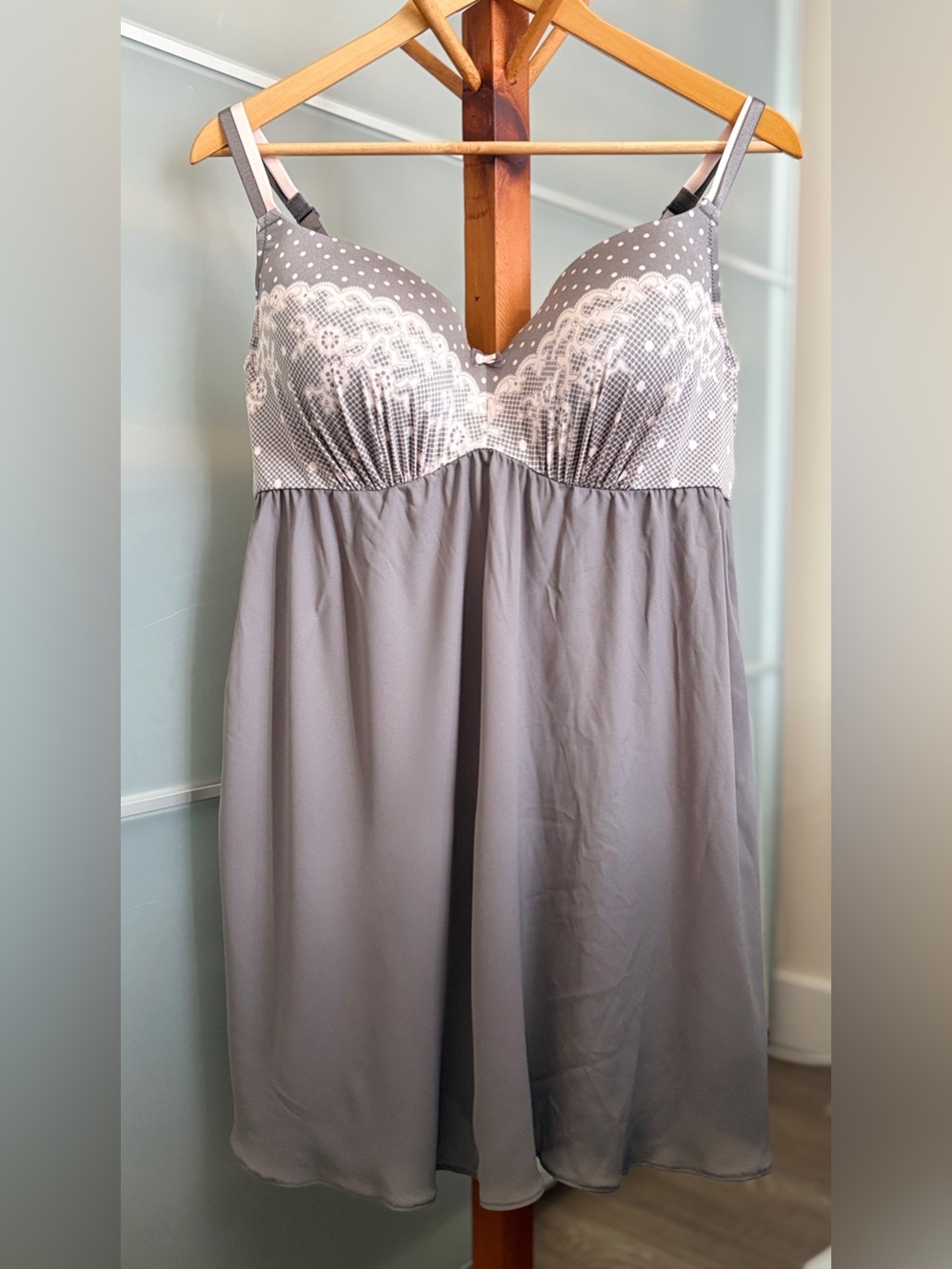 Déesse Lingerie Gray Polka Dot Lace Trim Babydoll Nightgown Chemise 2X